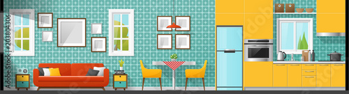House interior section panorama background including living room , dining room and kitchen , vector , illustration