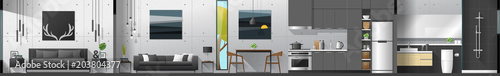 House interior section panorama including bedroom , living room , dining room , kitchen and bathroom , vector , illustration