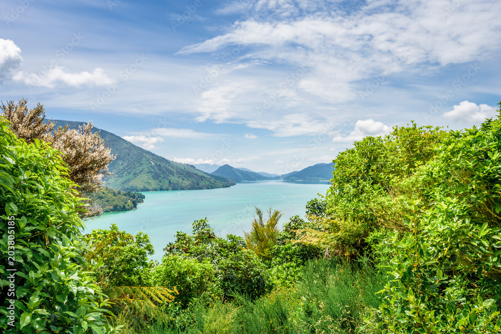 Queen Charlotte Sounds, Pelorus, Marlborough, New Zealand: Amazing lake view countryside charming landscape on south island with blue water bay and green grass mountain range between Picton and Nelson