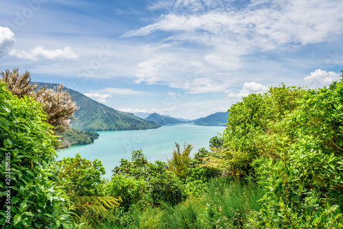 Queen Charlotte Sounds, Pelorus, Marlborough, New Zealand: Amazing lake view countryside charming landscape on south island with blue water bay and green grass mountain range between Picton and Nelson photo