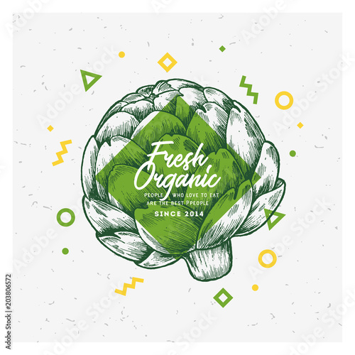 Organic market design template. Organic artichoke. Vector illustration