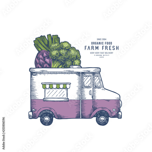 Farm fresh delivery design template. Classic food truck with organic vegetables. Vector illustration