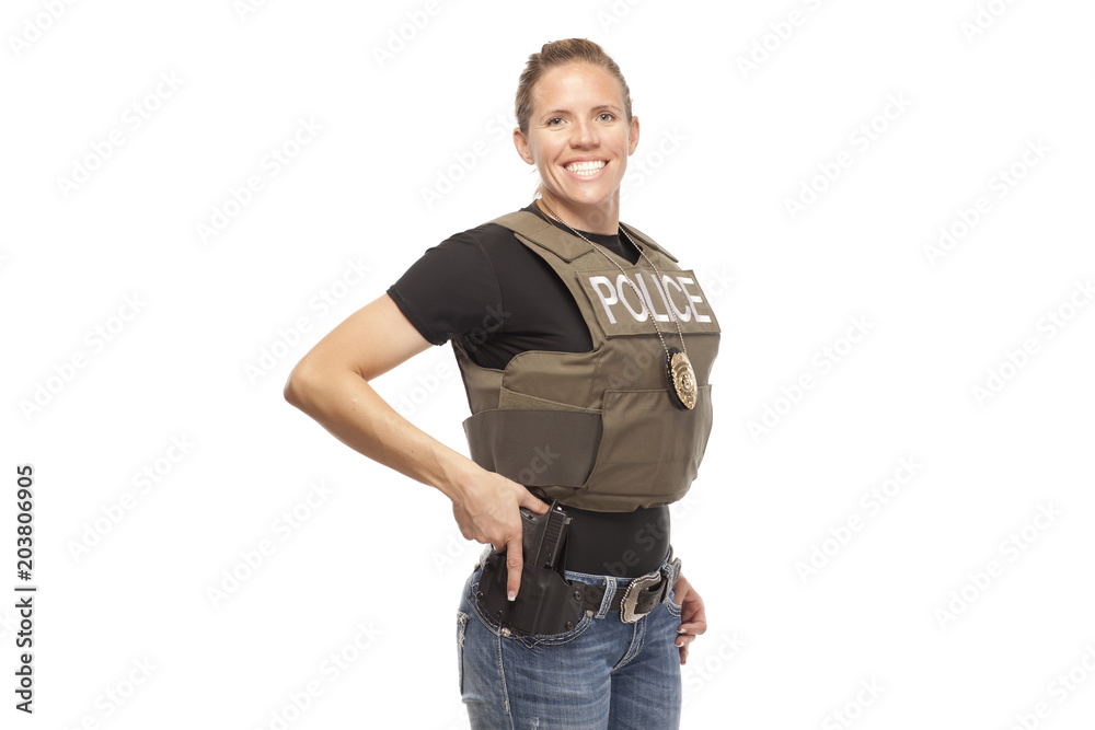 Female police officer with handgun against white Female police officer with handgun against white