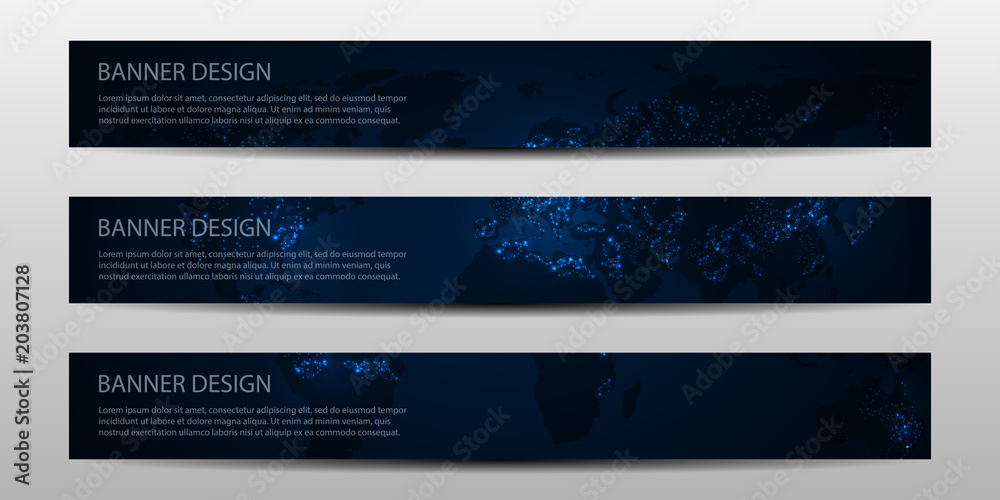 Vector banners with night world map. Vector banners with night world map.