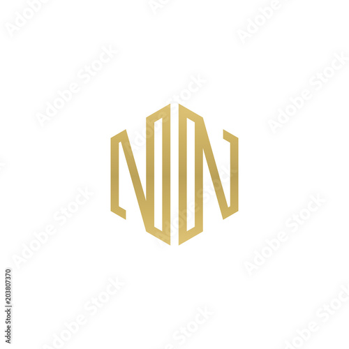 Initial letter NN  minimalist line art hexagon shape logo  gold color