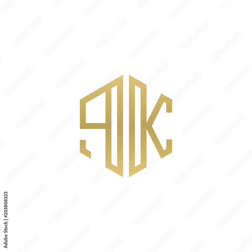 Initial letter PK, minimalist line art hexagon shape logo, gold color Initial letter PK, minimalist line art hexagon shape logo, gold color