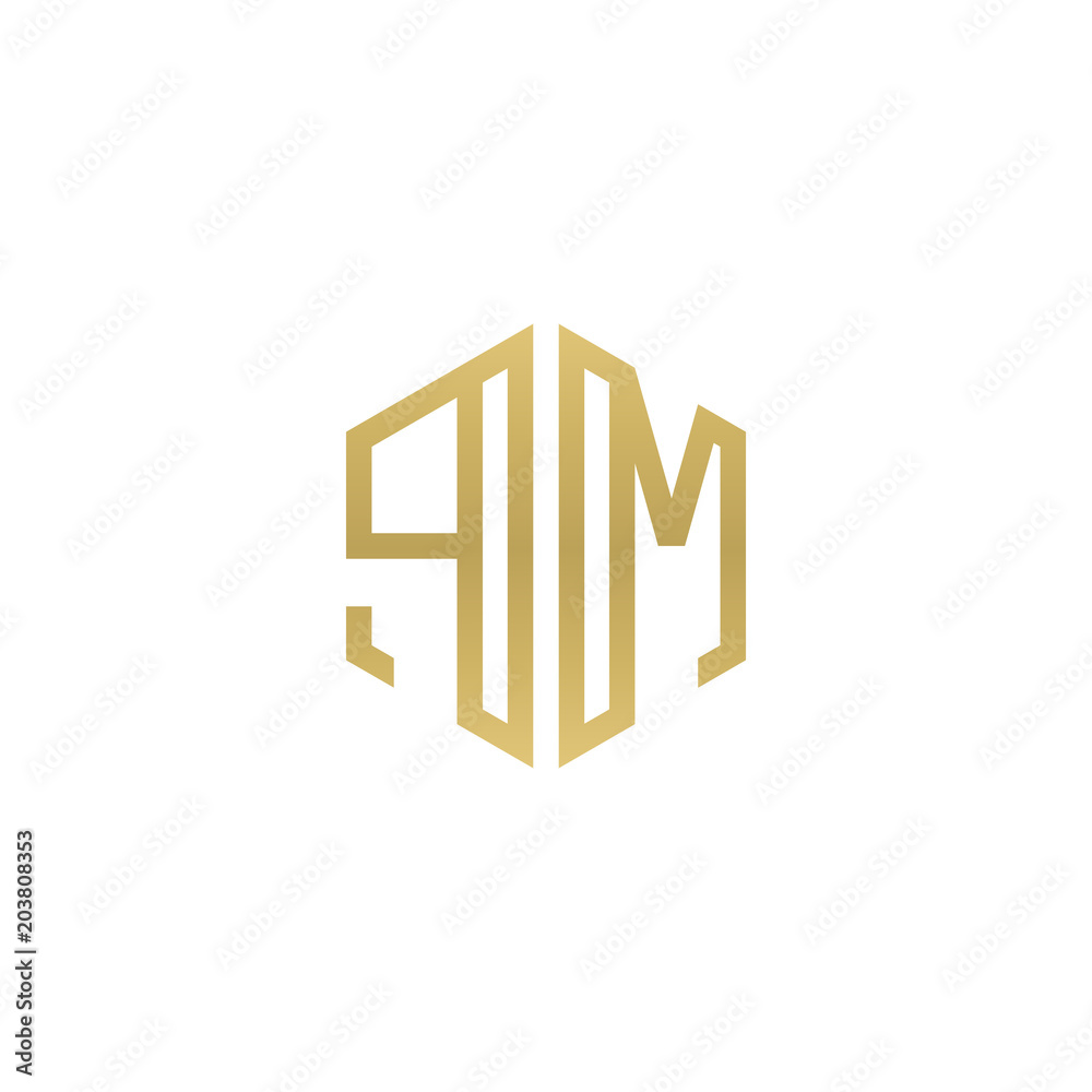 Initial letter PM, minimalist line art hexagon shape logo, gold color Initial letter PM, minimalist line art hexagon shape logo, gold color