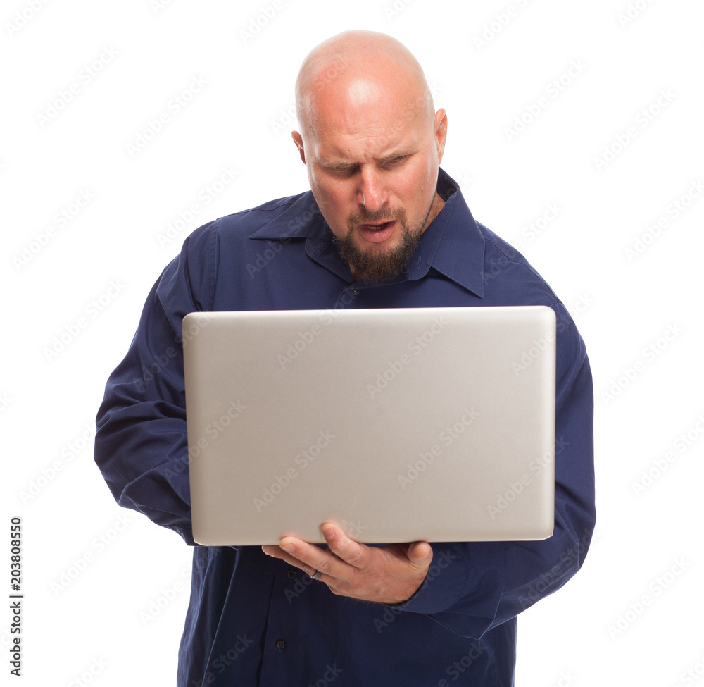 Bald man on laptop on white background. Bald man on laptop on white background.