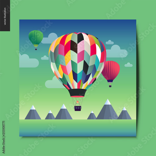 Simple things - hot air balloons above mountains on the background, summer landscape, summer postcard, vector illustration