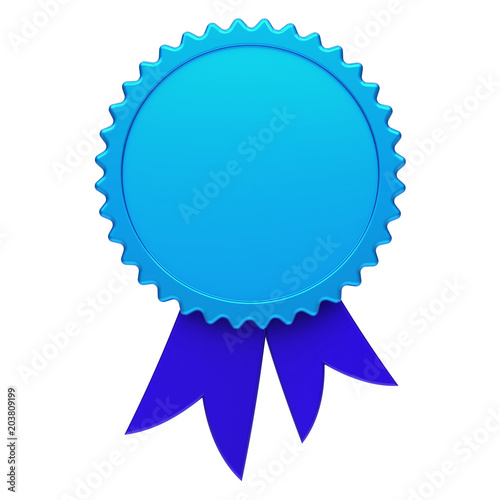 Blue award ribbon rosette blank reward medal. Achievement badge winner best template design element empty. 3d illustration