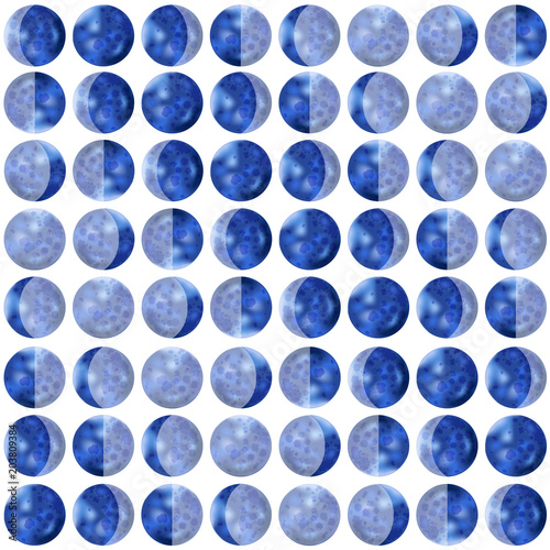 Moon background seamless pattern with different moon phases new moon, crescent moon crest, quarter moon or half moon, gibbous, full moon Lunar seamless background Celestial