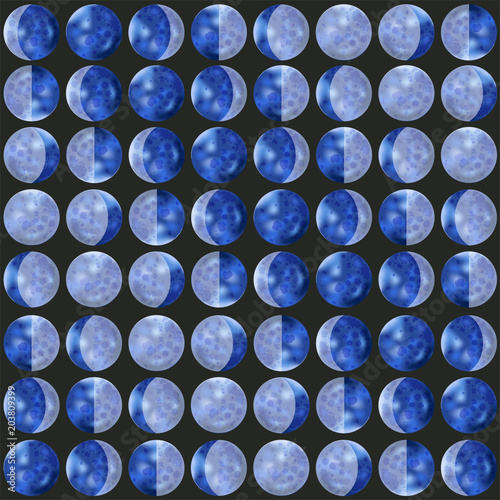 Moon background seamless pattern with different moon phases new moon, crescent moon crest, quarter moon or half moon, gibbous, full moon Lunar seamless background Celestial