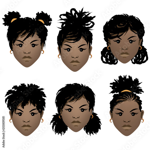Set of faces of black girls with  dreadlocks and different hairstyles. Vector illustration.