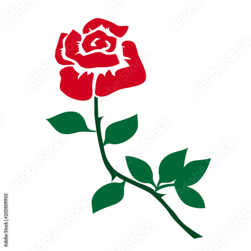 Flower red rose with green leaves. Cartoon style, flat design, vector illustration.