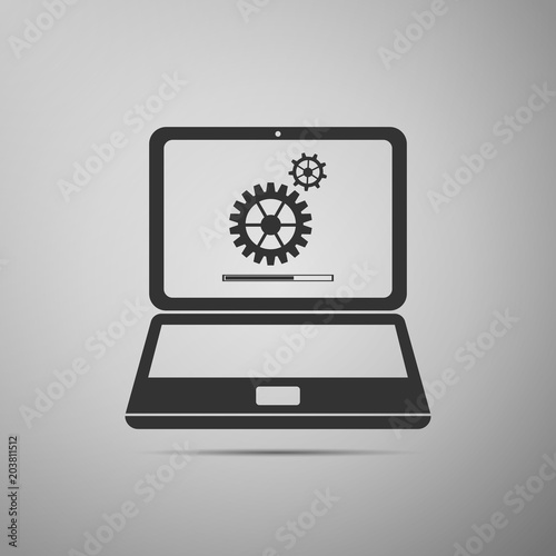 Laptop update process with gearbox progress and loading bar icon isolated on grey background. System software update. Loading process in laptop screen. Flat design. Vector Illustration