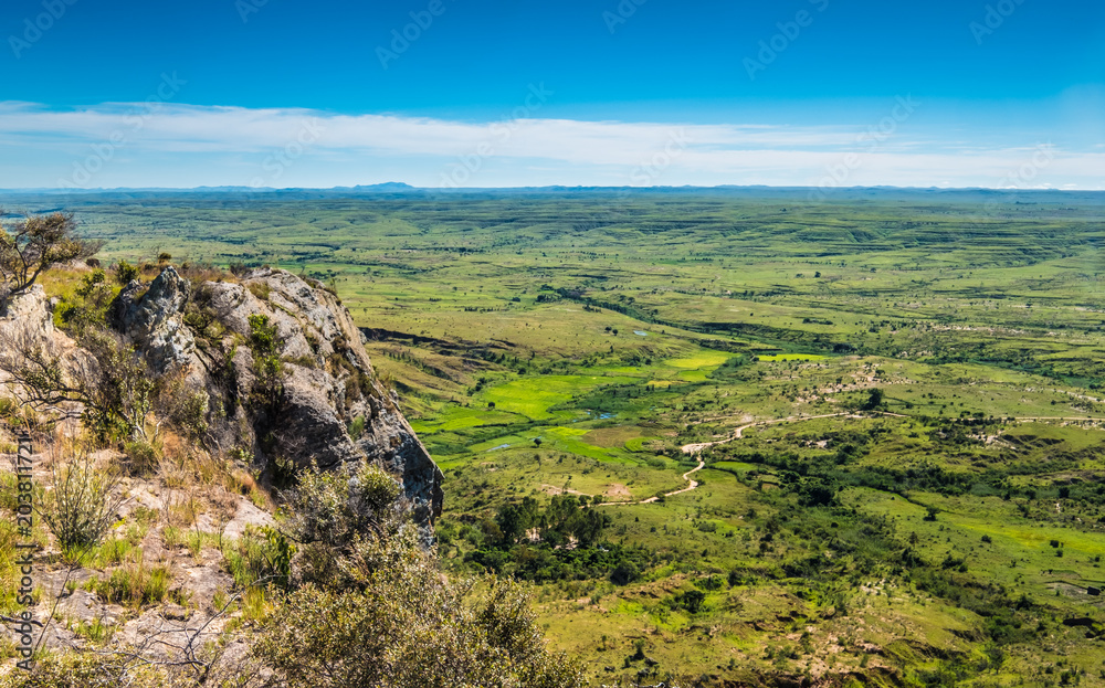Isalo National Park  in the Ihorombe Region of Madagascar. Known for its wide variety of terrain, including sandstone formations, deep canyons, a palm-lined oases, and grassland, and rich wildlife