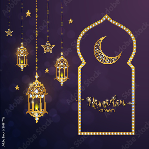 Ramadan Kareem greeting background Islamic with gold patterned and crystals on paper color background.