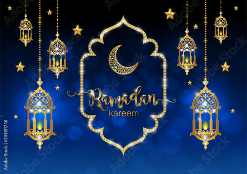 Ramadan Kareem greeting background Islamic with gold patterned and crystals on paper color background.