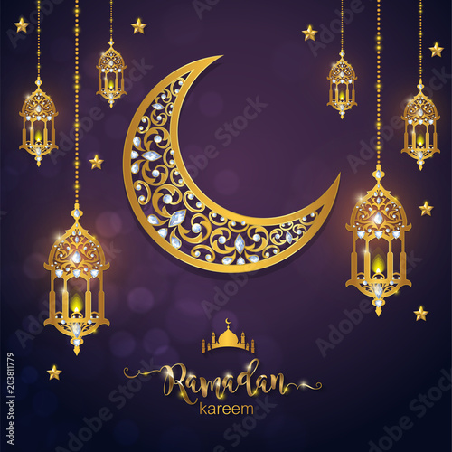 Ramadan Kareem greeting background Islamic with gold patterned and crystals on paper color background.