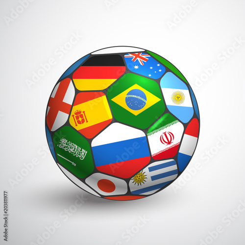 World football championship concept. Soccer ball with different flags