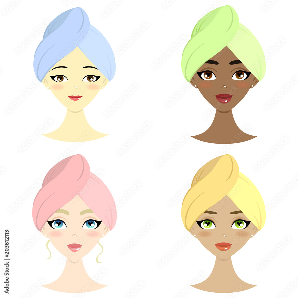 Beautiful women of different nation. Spa set. Isolated vector illustration. Beauty and health. Flat design. Beautiful women of different nation. Spa set. Isolated vector illustration. Beauty and health. Flat design.