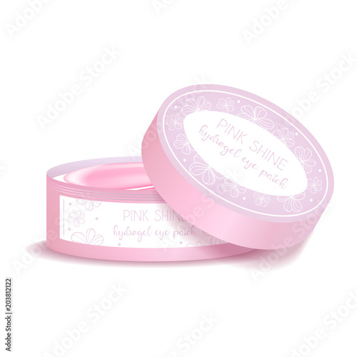 Realistic mockup package, plastic round jar for pink hydrogel eye patch. Isolated vector illustration.