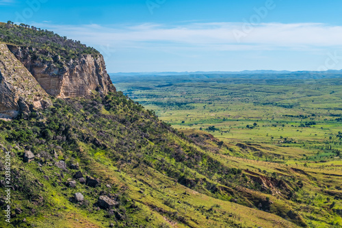 Isalo National Park in the Ihorombe Region of Madagascar. Known for its wide variety of terrain, including sandstone formations, deep canyons, a palm-lined oases, and grassland, and rich wildlife