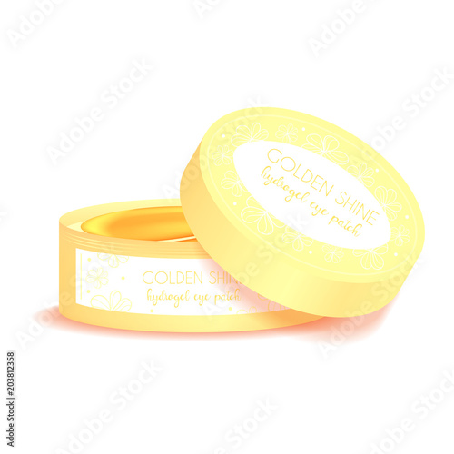 Realistic mockup package, plastic round jar for golden hydrogel eye patch. Isolated vector illustration.
