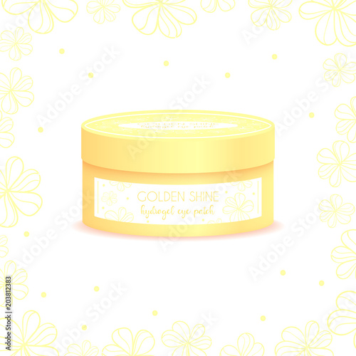 Realistic mockup package and flowers, plastic round jar for golden hydrogel eye patch. Isolated vector illustration.