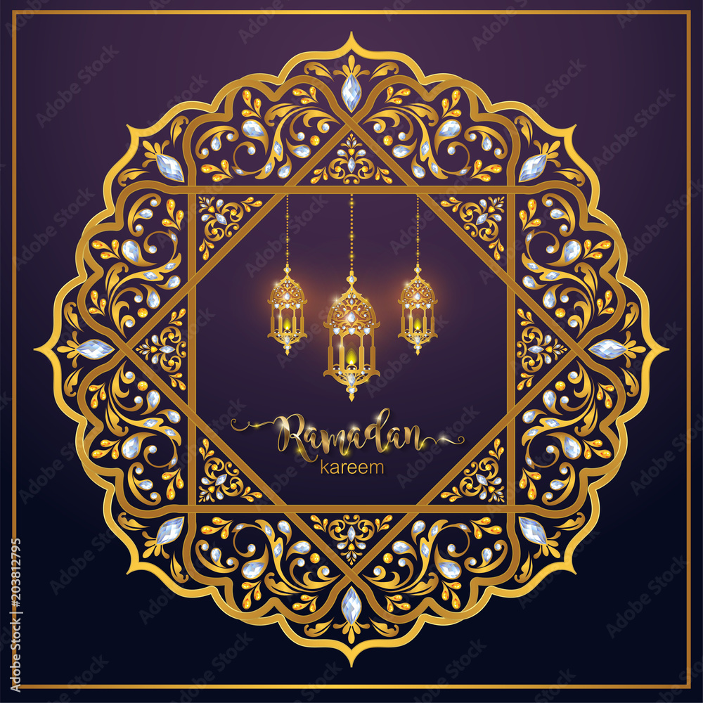 Ramadan Kareem greeting background Islamic with gold patterned and crystals on paper color background.