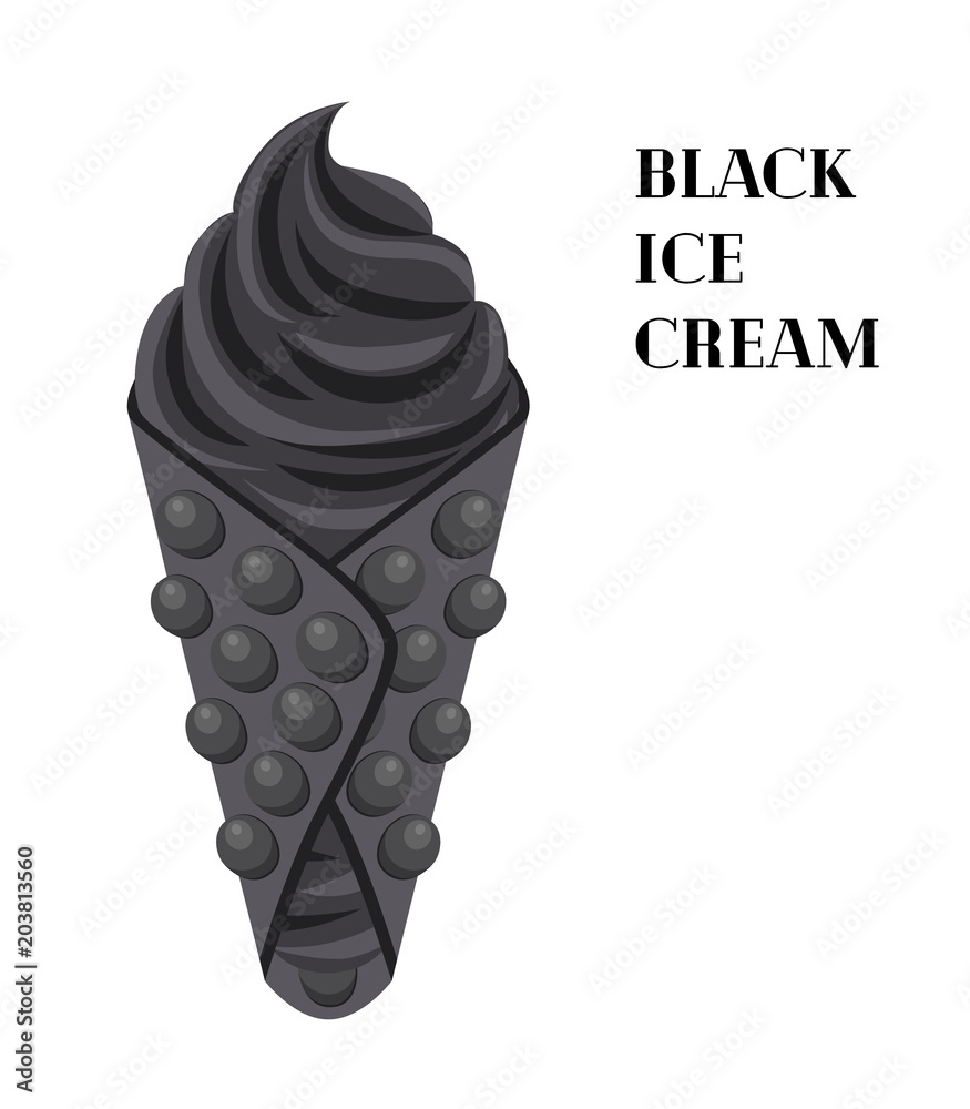 Fototapeta premium Vector black charcoal ice cream in waffle. Modern trend in dessert
