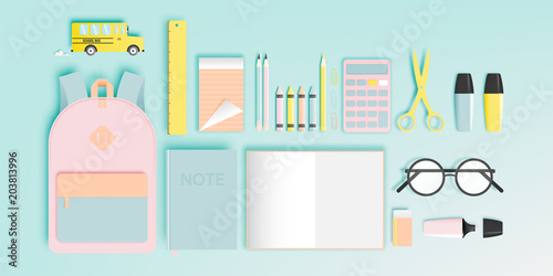 Various stationery for back to school in paper art style with pastel color