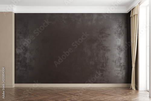 Fototapeta Naklejka Na Ścianę i Meble -  Empty room with wood parquet and luxury black wall. 3d illustration