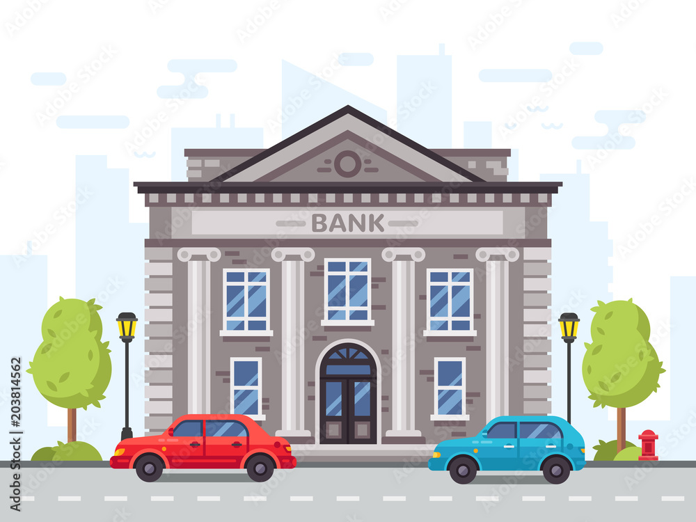 Cartoon bank or government building with roman columns. Money loan house vector illustration - obrazy, fototapety, plakaty 