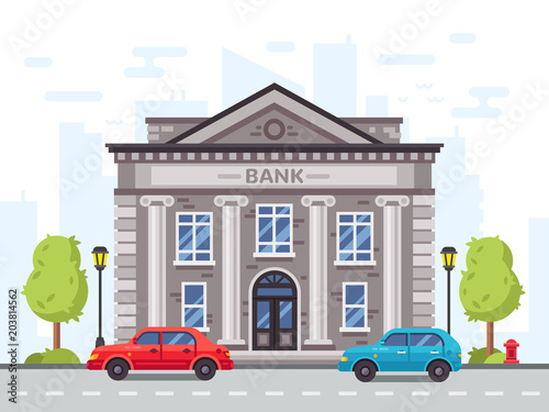 Cartoon bank or government building with roman columns. Money loan house vector illustration photo