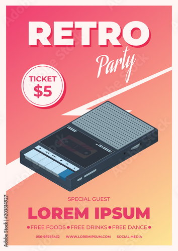 Poster template for retro party. Audio cassette on a gradient background. Vector illustration