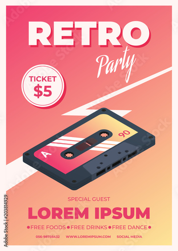 Poster template for retro party. Audio cassette on a gradient background. Vector illustration