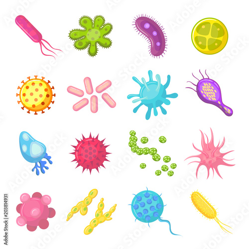 Bacteria and germs colorful set micro-organisms disease-causing objects, bacteria, viruses, fungi. Vector isolated cartoon illustration