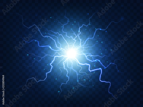 Electric power explosion with electrical flash, sparks and blue lightnings. Sphere lightning energy discharge isolated vector photo