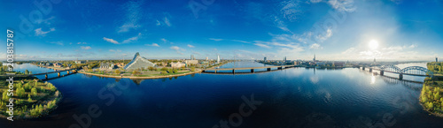 Sphere Planet. Bridge and houses in Riga city, Latvia 360 VR Drone picture for Virtual reality, Panorama