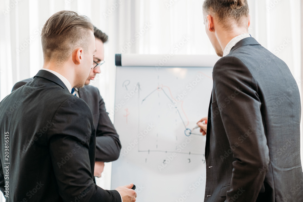 business briefing and goals visualization. company managers writing on the flip chart in office board room business briefing and goals visualization. company managers writing on the flip chart in office board room