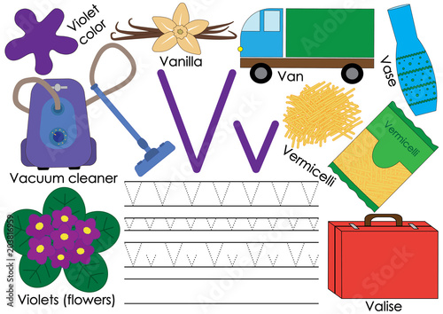 Letter V. English alphabet. Writing practice for children. Education. Vector illustration.