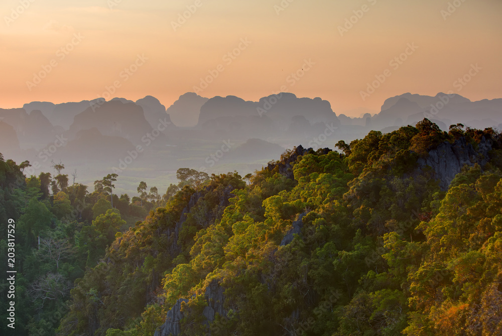 Spectacular look at the Krabi province from Tiger Cave Monastery at the sunset, Thailand