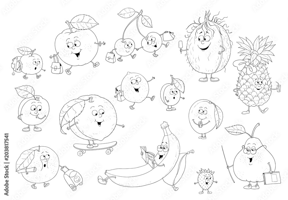 Set of cute funny fruits. Illustration for children. Coloring page. Funny cartoon characters isolated on white background