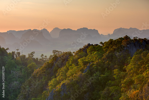 Spectacular look at the Krabi province from Tiger Cave Monastery at the sunset, Thailand