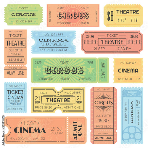 Theater or cinema admit one tickets, circus coupons and vintage old receipt. Retro ticket collection vector design template set