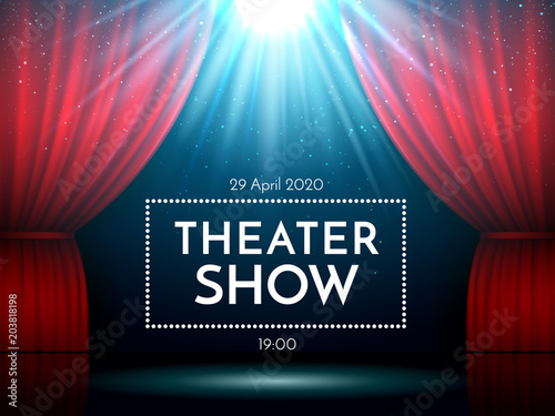 Open red curtains on stage illuminated by spotlight. Dramatic theater or opera show scene. Performance showtime billboard. Entertainment vector background