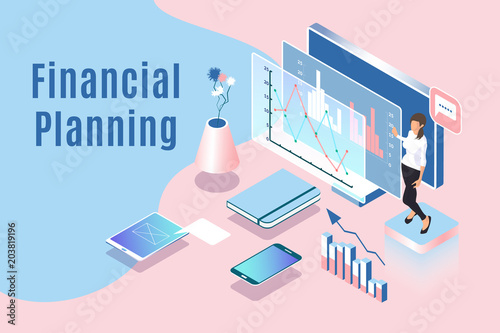 Financial planning vector illustration with isometric woman character, devices, graphs and charts. Business concept of working process. Presentation of data analysis using technology and software