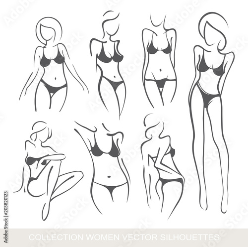 Collection sexy fitness naked girl with a chic figure. Intimate sexy lady, model in a pose. Lovely  ass Dressed In swimsuit, panties. Drawn art graphics for design, background