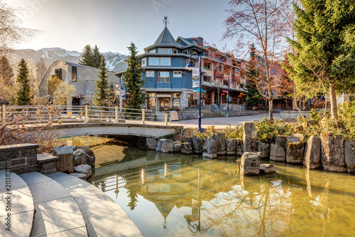 Sunlight on the Whistler Village Stroll on a quiet morning in Spring